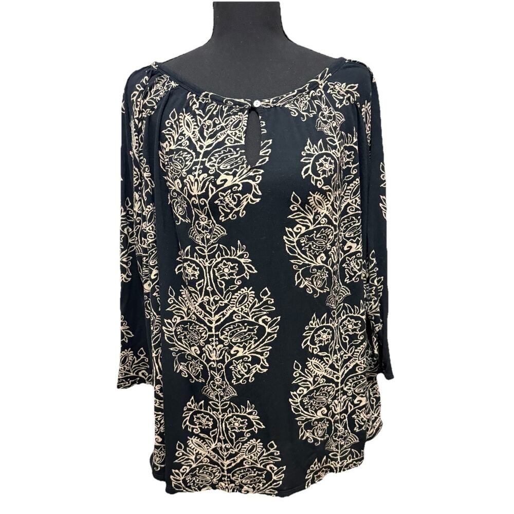 Lucky Brand Plus 3X Black Paisley Boho Tunic Top Keyhole 3/4 Sleeve